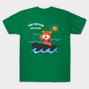 Funny tiger sailor cartoon vector on little boat T-Shirt